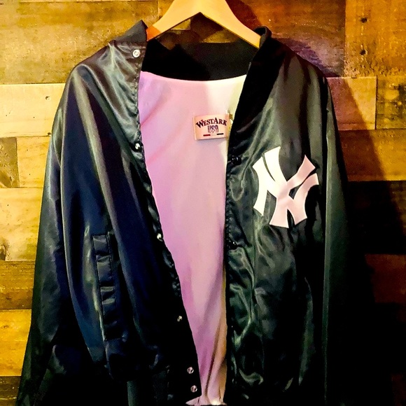 Vintage 80s NY Yankees L Dark Blue Satin WestArk USA MLB Baseball Warm-Up Jacket - Picture 4 of 6
